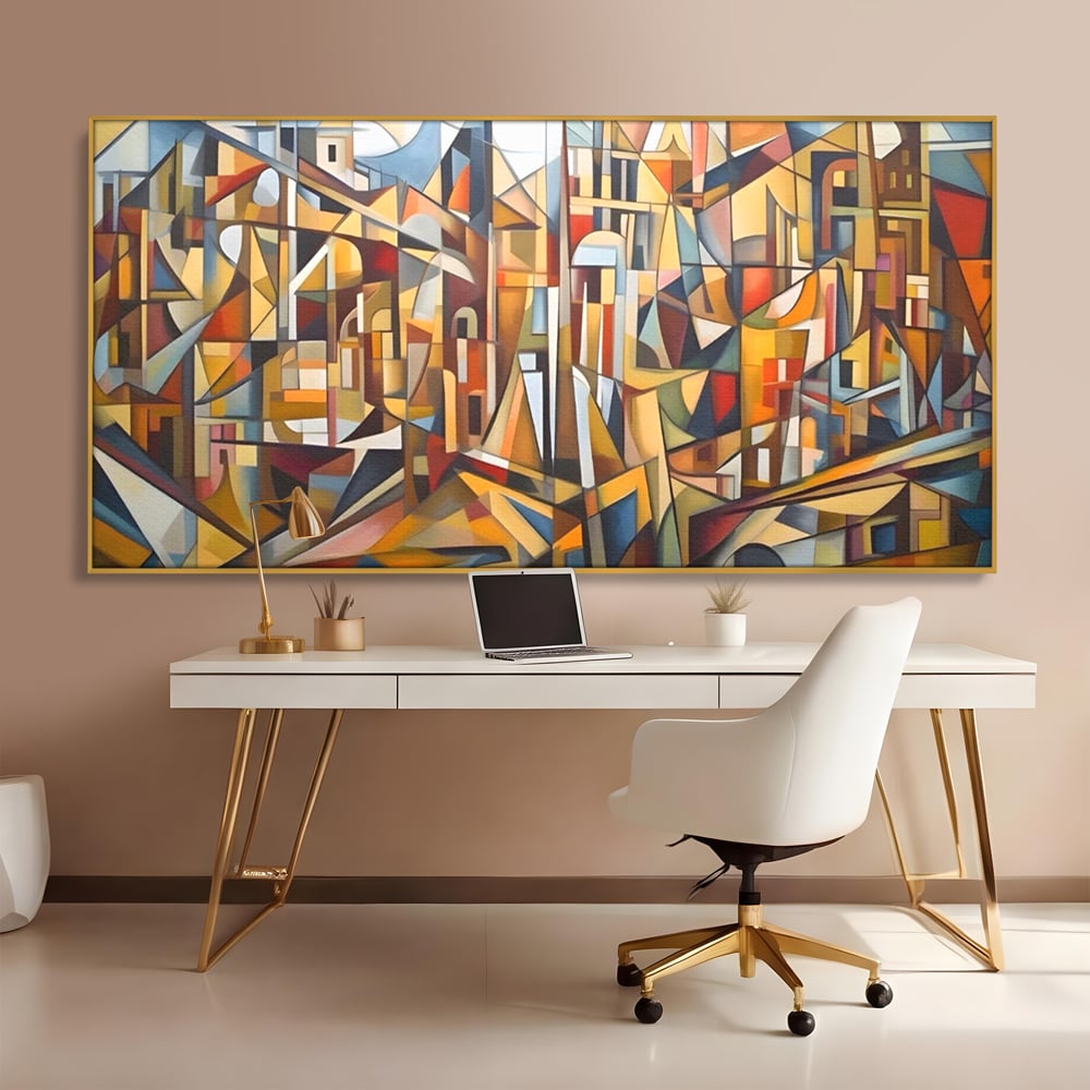 Tablou canvas cu tablou abstract cu peisaj urban, in rama de aluminiu auriu, pe perete intr-un birou